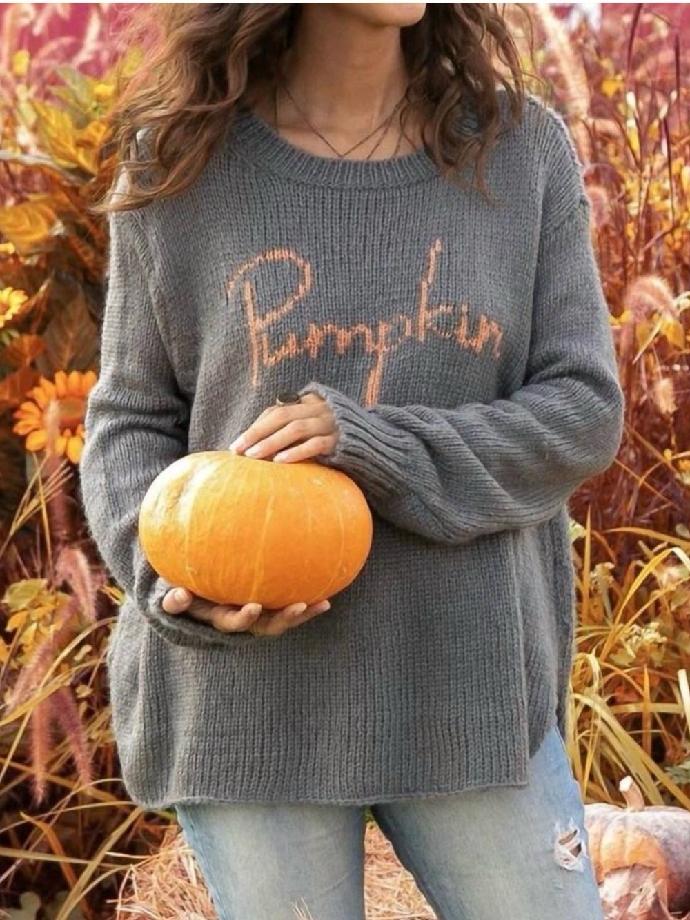 Wooden Ships Long Sleeve Crewneck Knit Sweater Pumpkin Gray Orange Small Medium